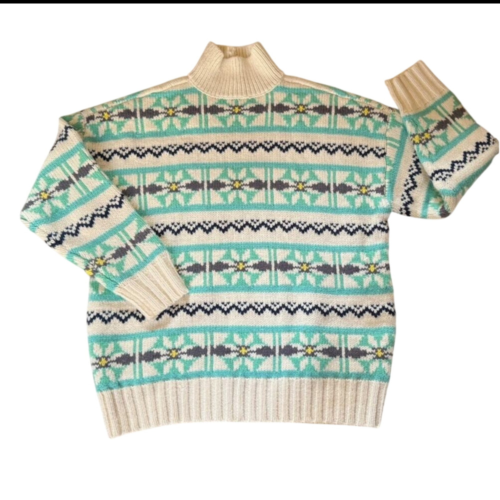 American Eagle Fair Isle Turtleneck Sweater Oversized XS Green / Beige Y2K Boho